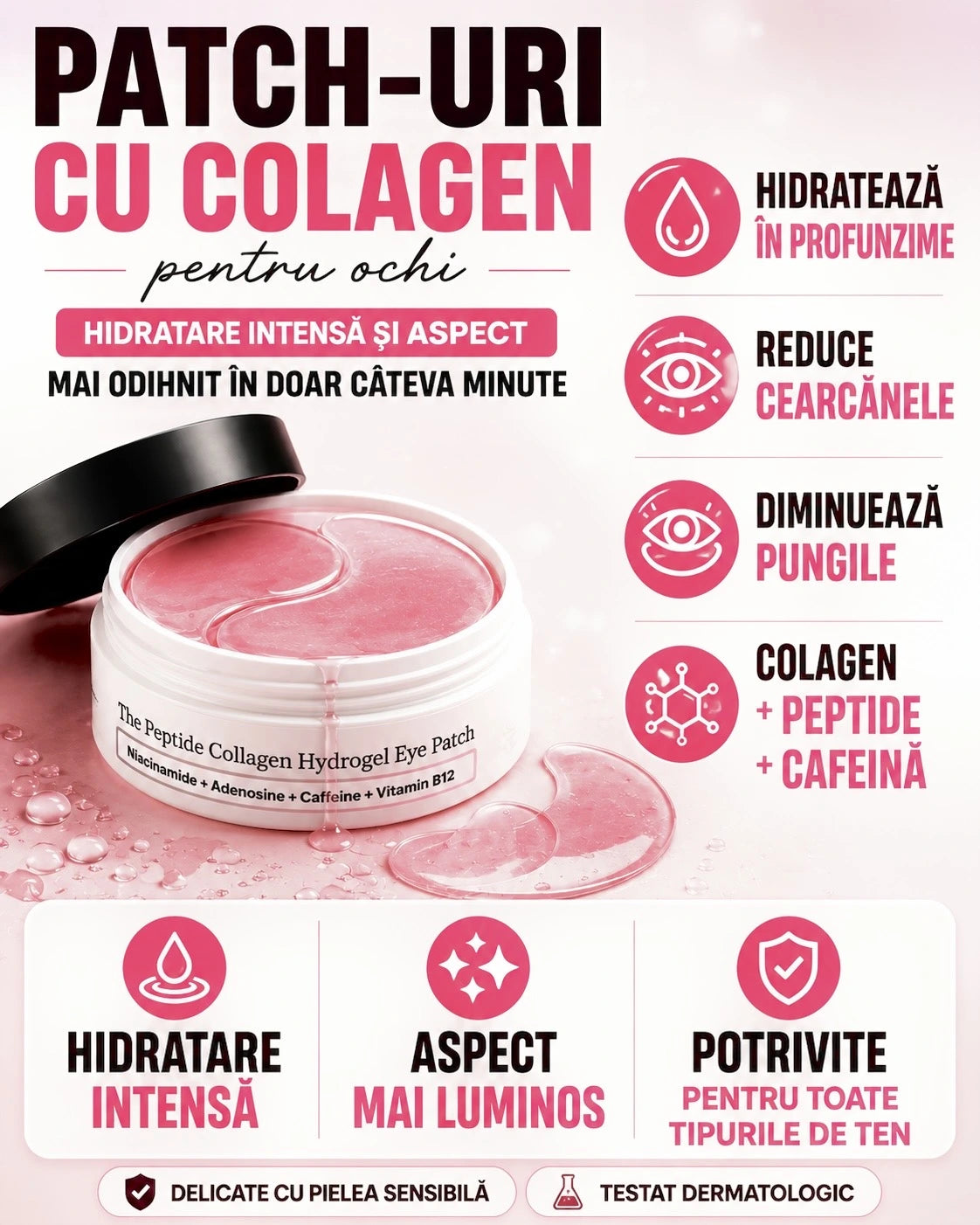 Plasturi din Hidrogel - cu Colagen și Peptide - pentru Cearcăne și Ochi Umflați